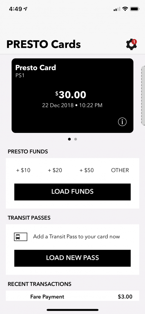 Screenshot of the PRESTO Card Beta App Home Screen