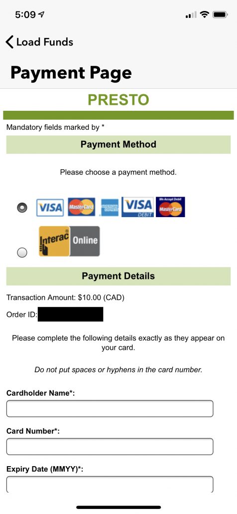 Screenshot of the PRESTO Card Beta App payment page